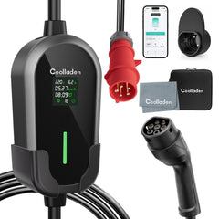 Coolladen 11 kW portabel EV-laddkabel Typ 2 (16A 3-fas) med appstyrning – schemalagd laddning, justerbar ström, Typ B-jordfelsbrytare, väggfäste och bärväska ingår