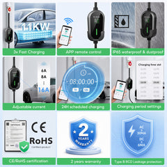 Coolladen 11 kW portabel EV-laddkabel Typ 2 (16A 3-fas) med appstyrning – schemalagd laddning, justerbar ström, Typ B-jordfelsbrytare, väggfäste och bärväska ingår