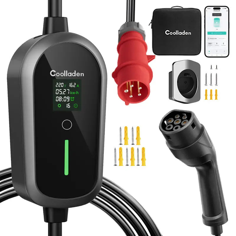 Coolladen mobil väggbox 11kW med app Wi-Fi och Bluetooth-laddningskabel typ 2 CEE-kontakt [3-fas|4m/6m/11m|6-16A] med justerbar laddningseffekt, elbilsladdare för ID.3/4/5, e-up, e-tron, Zoe och andra elbilar