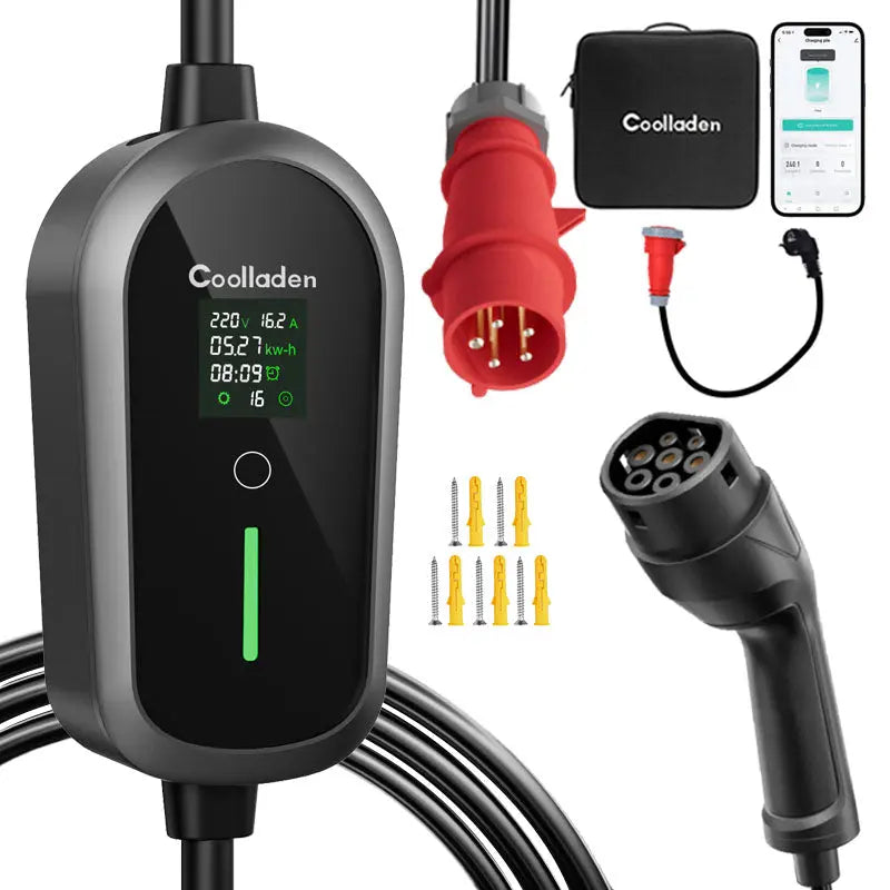 Coolladen mobil väggbox 11kW med app Wi-Fi och Bluetooth-laddningskabel typ 2 CEE-kontakt [3-fas|4m/6m/11m|6-16A] med justerbar laddningseffekt, elbilsladdare för ID.3/4/5, e-up, e-tron, Zoe och andra elbilar