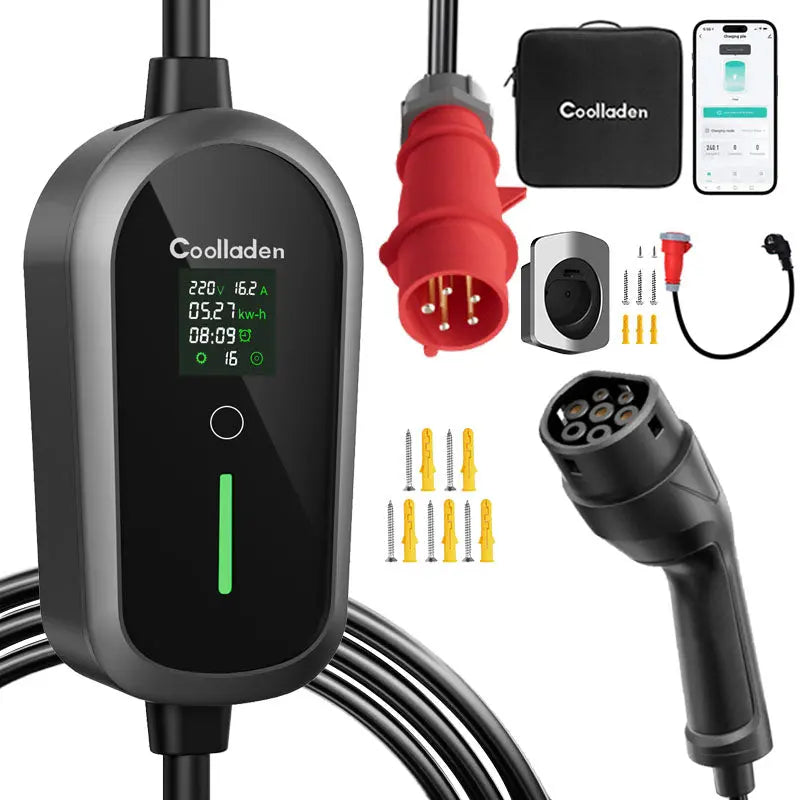 Coolladen mobil väggbox 11kW med app Wi-Fi och Bluetooth-laddningskabel typ 2 CEE-kontakt [3-fas|4m/6m/11m|6-16A] med justerbar laddningseffekt, elbilsladdare för ID.3/4/5, e-up, e-tron, Zoe och andra elbilar