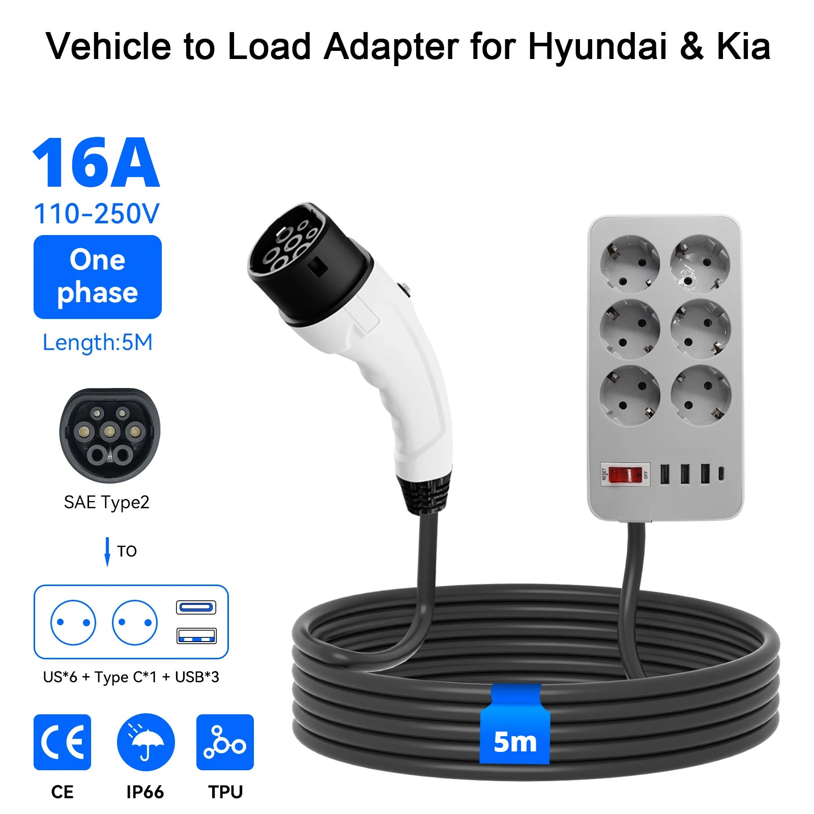 Fordon till last (V2L) adapter för MG och BYD, Elektriskt fordons urladdningsadapter 16A Typ 2 till Schuko uttag med 5 meter kabel