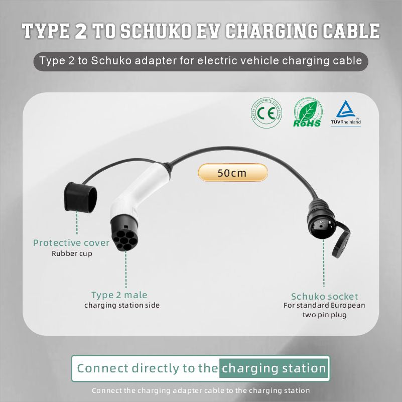 Adapter Typ 2 till Schuko Elbilladdare, 16 A, 0,5/4 m. Enkel laddning på laddstationer/väggboxar, användning av 230 V laddare för elcykel, elskoter, motorcykel, IP55