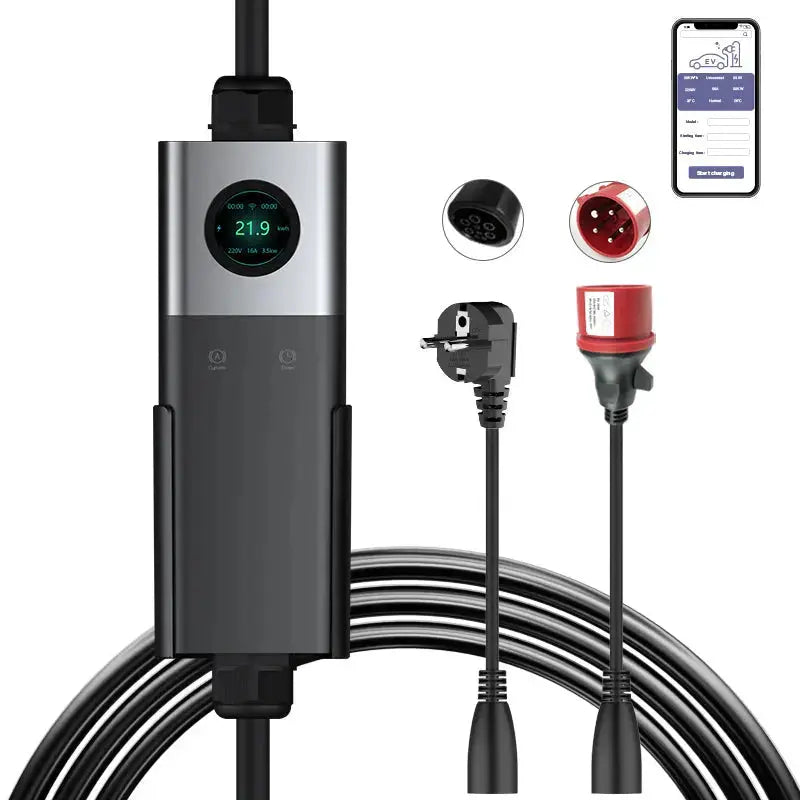 Coolladen Mobil Väggbox WiFi med APP, laddar upp till 22kW, EV-laddare typ 2, 5M kabel, pekskärmsdisplay, justerbar strömstorlek med Schuko 16A/CEE 32A Röd/CEE 16A Röd/CEE 32A Blå