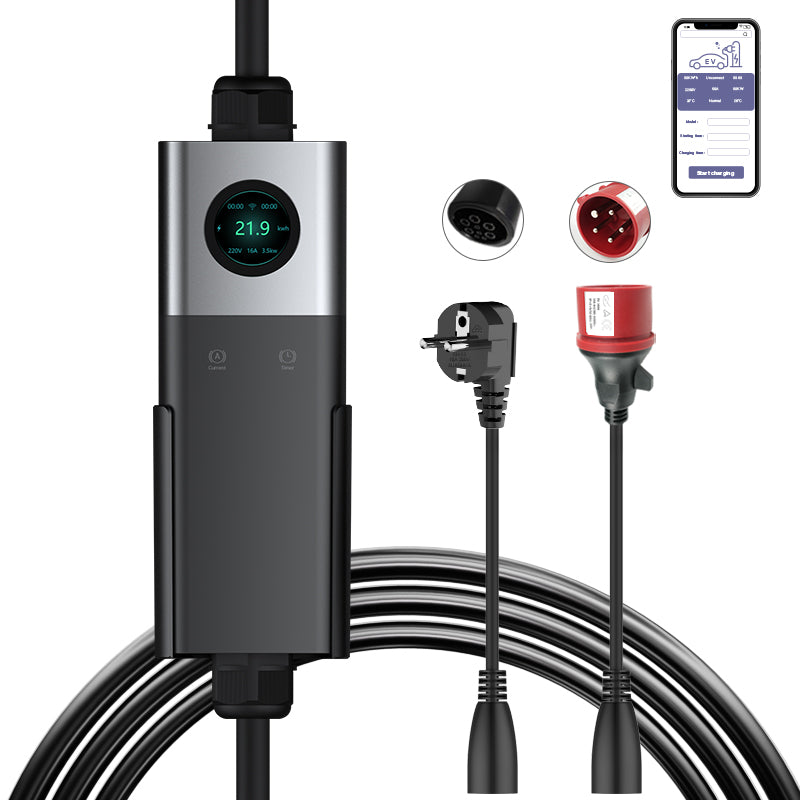 Coolladen Coolladen Mobile Wallbox WiFi Med APP, Laddning upp till 11kW, EV Charger Type 2, 5M Kabel, Touchscreen Display, Justerbar Strömstorlek Med Schuko 16A/CEE 16A Röd