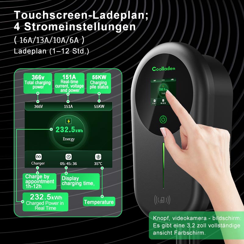 Coolladen EV laddare Smart APP med 32A Typ 2 22kW Home Laddningstation, Väggbox 5/10m laddkabel med laddare hållare App Control CEE 3-fas plugg för alla EV och PHEV