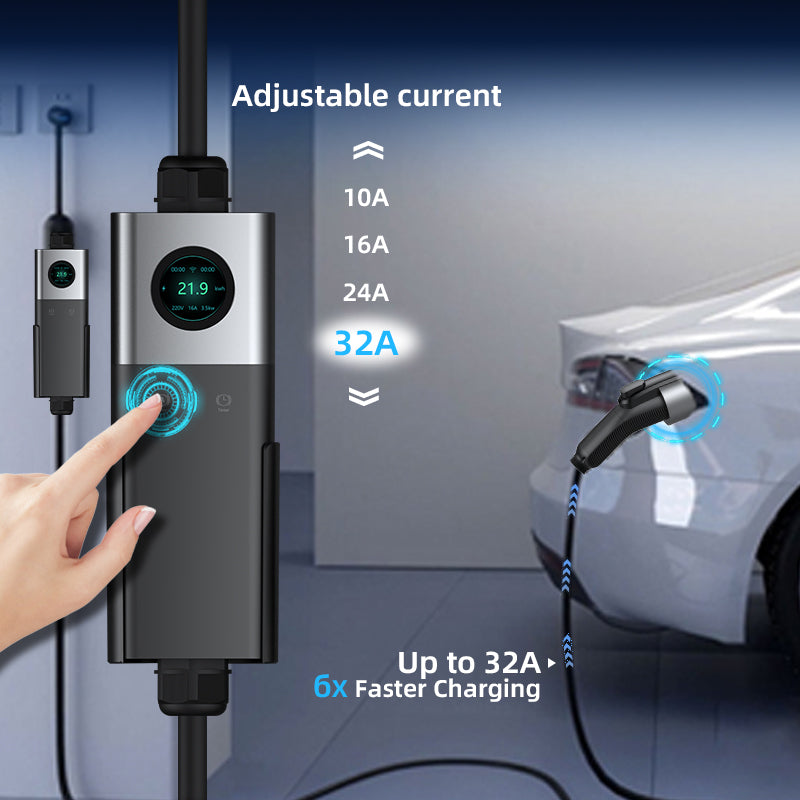 Coolladen Coolladen Mobile Wallbox WiFi Med APP, Laddning upp till 11kW, EV Charger Type 2, 5M Kabel, Touchscreen Display, Justerbar Strömstorlek Med Schuko 16A/CEE 16A Röd