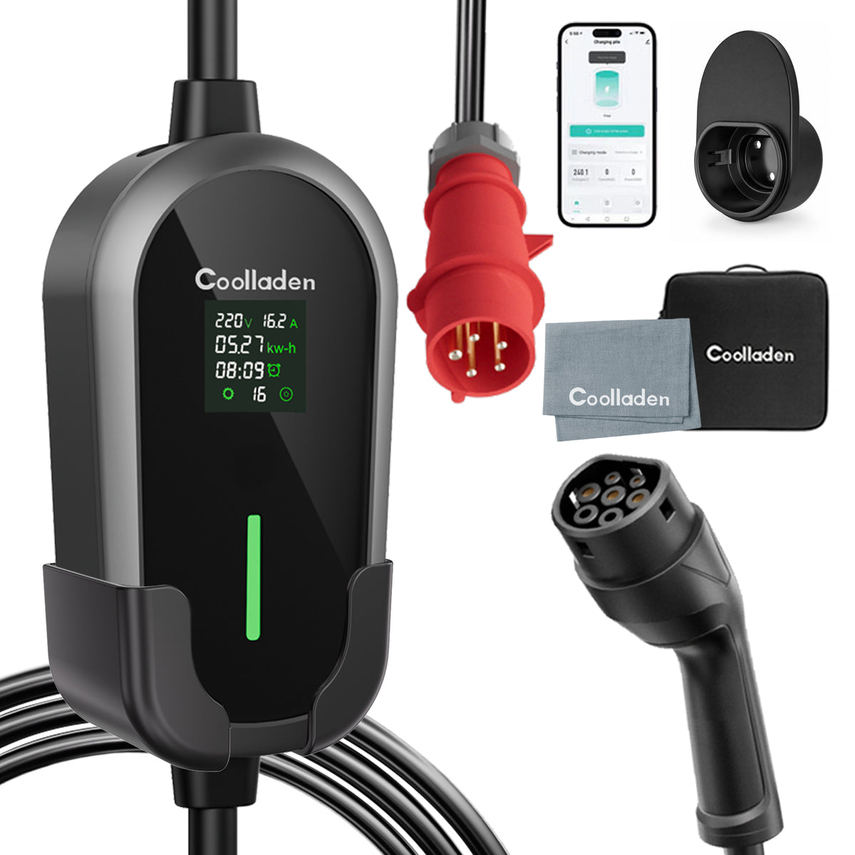 Coolladen 11 kW portabel EV-laddkabel Typ 2 (16A 3-fas) med appstyrning – schemalagd laddning, justerbar ström, Typ B-jordfelsbrytare, väggfäste och bärväska ingår