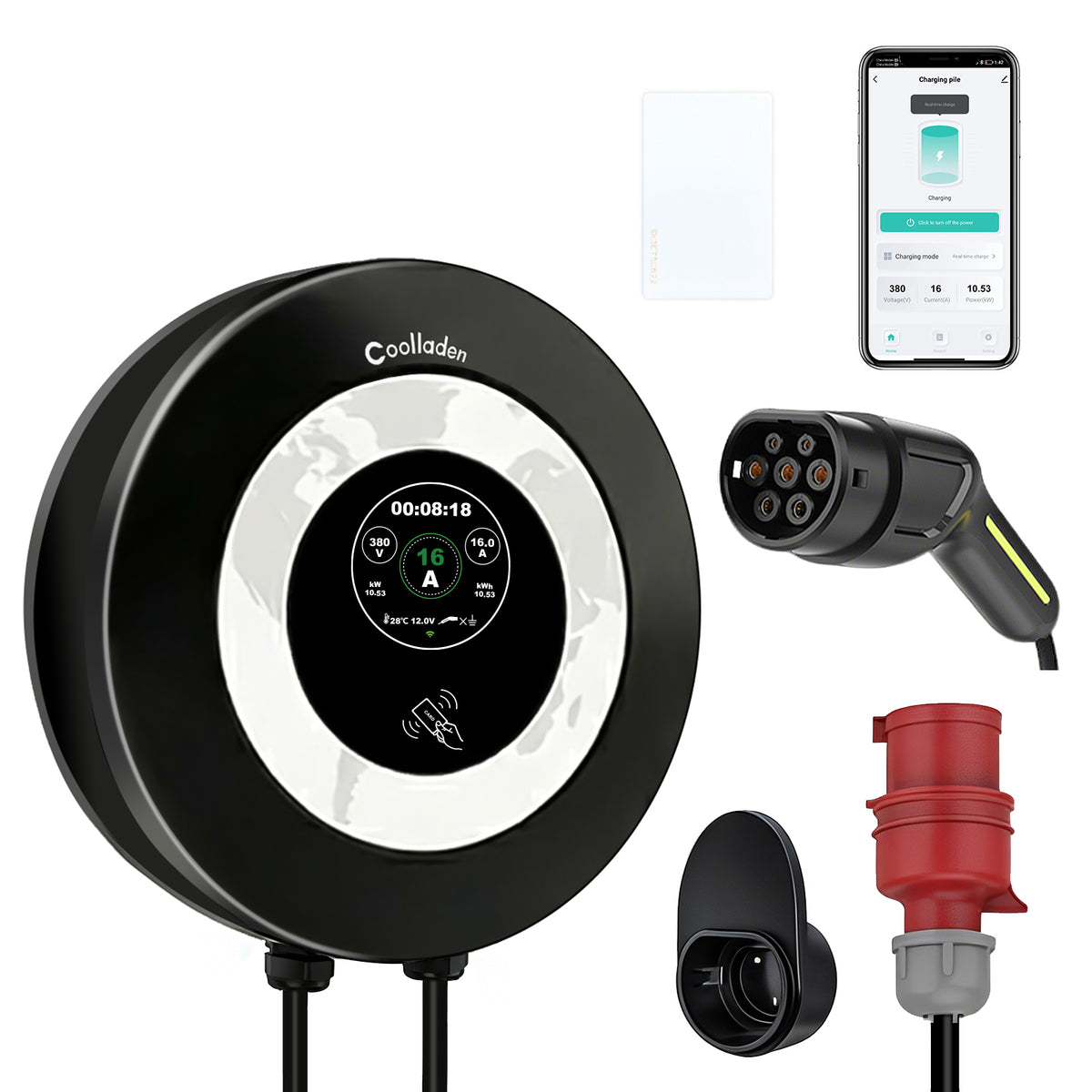 Coolladen Wallbox 11kW med appstyrning och RFID, Typ 2 till CEE 16A 3-fas laddare för elbil, avancerat AC+DC läckskydd (RCD Typ B)