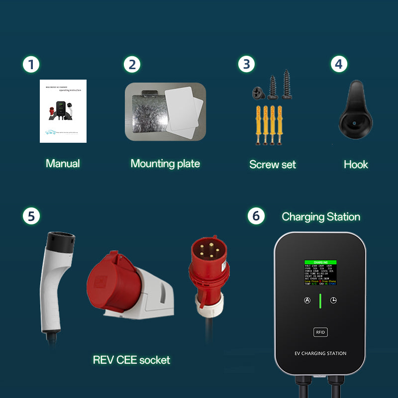 EV Charger Smart 11~22kW Hemladdningsstation, Wallbox 5m Laddkabel med laddare, CEE 3-faskontakt för alla elbilar och PHEVs