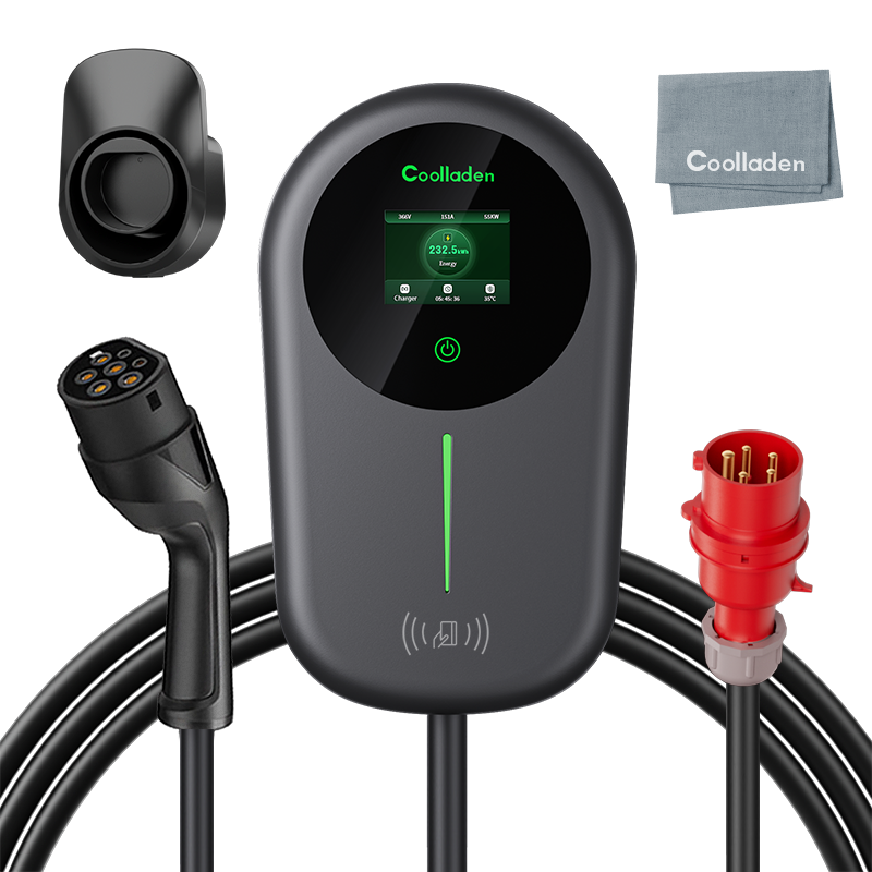 Coolladen EV laddare Smart APP med 32A Typ 2 22kW Home Laddningstation, Väggbox 5/10m laddkabel med laddare hållare App Control CEE 3-fas plugg för alla EV och PHEV