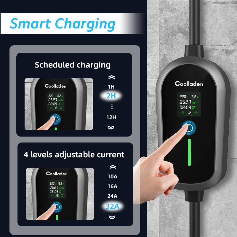 Colladen 7KW Bärbar EV laddare 1 fas 32A typ 2 elektrisk laddare, 8H schemaladdning, 4 nivåer Justerbar Nuvarande laddningsstation med CEE-kontakt.