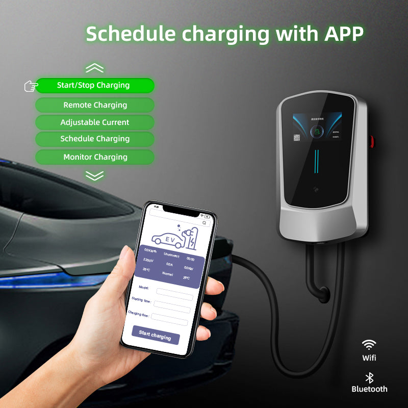 Coolladen EV laddare Smart APP med 32A Typ 2 22kW hemladdstation 400V CE & TÜV wallbox 5m laddkabel med laddare hållare appkontroll CEE 3-fas kontakt för alla elbilar och PHEVs