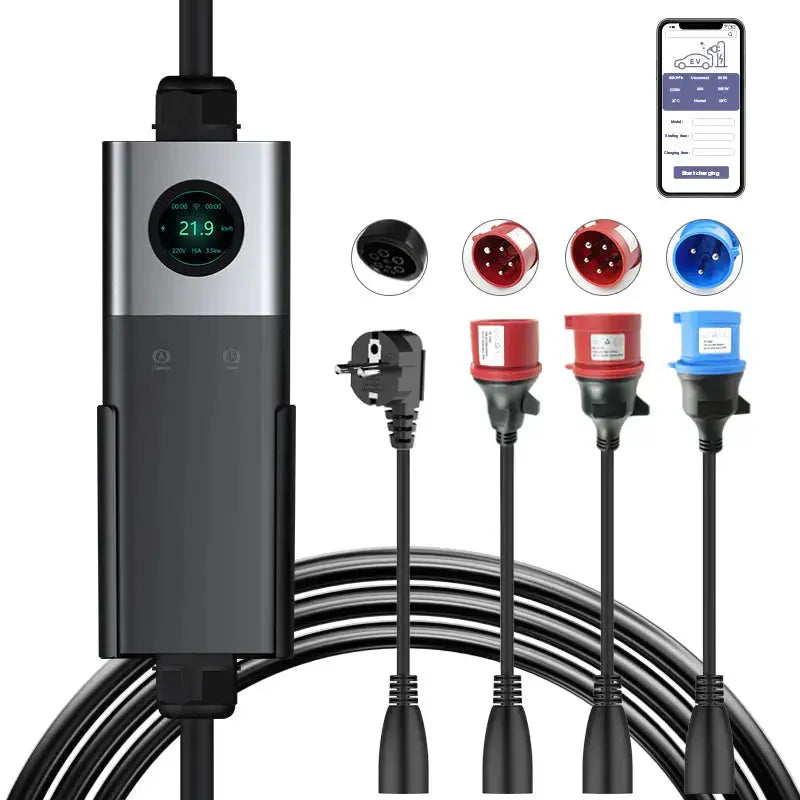 Coolladen Mobil Väggbox WiFi Med APP, Laddning Upp Till 11kW, EV-laddare Typ 2, 5M Kabel, Pekskärm, Justerbar Strömstorlek Med Schuko 16A/CEE 16A Röd