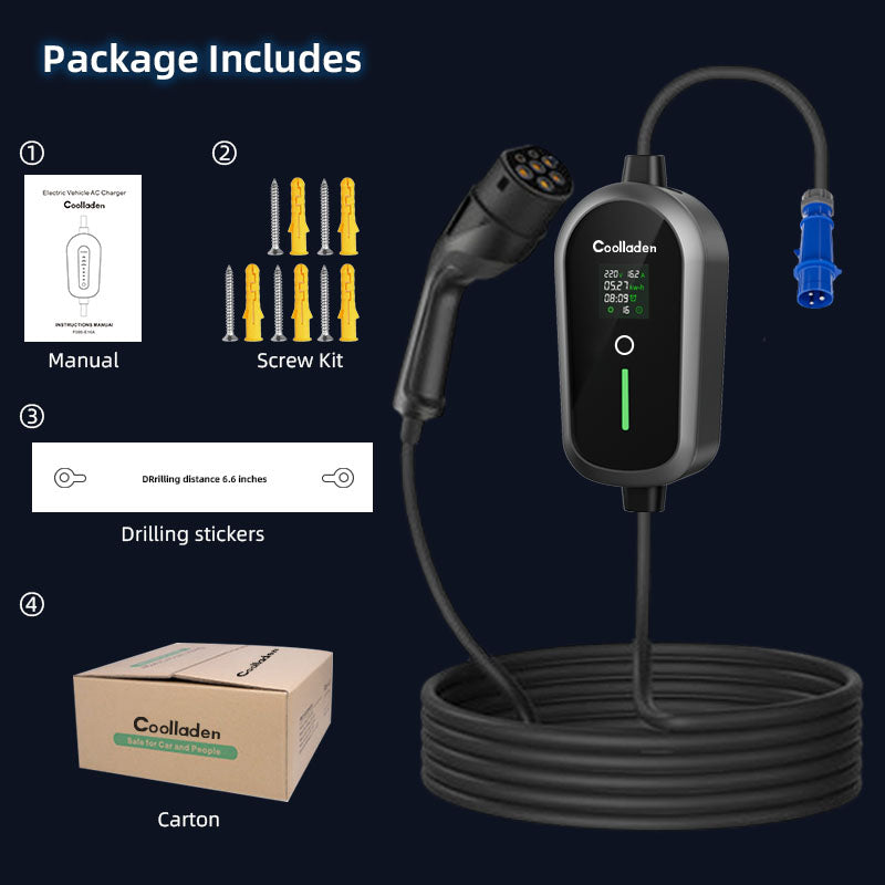 Colladen 7KW Bärbar EV laddare 1 fas 32A typ 2 elektrisk laddare, 8H schemaladdning, 4 nivåer Justerbar Nuvarande laddningsstation med CEE-kontakt.