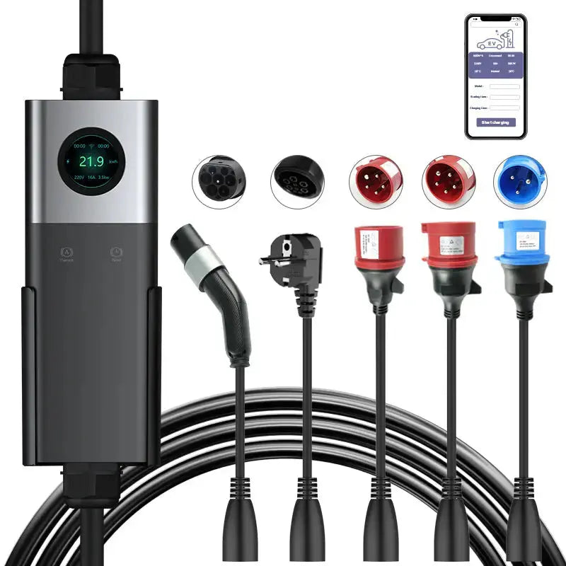 Coolladen Mobil Väggbox WiFi med APP, laddar upp till 22kW, EV-laddare typ 2, 5M kabel, pekskärmsdisplay, justerbar strömstorlek med Schuko 16A/CEE 32A Röd/CEE 16A Röd/CEE 32A Blå