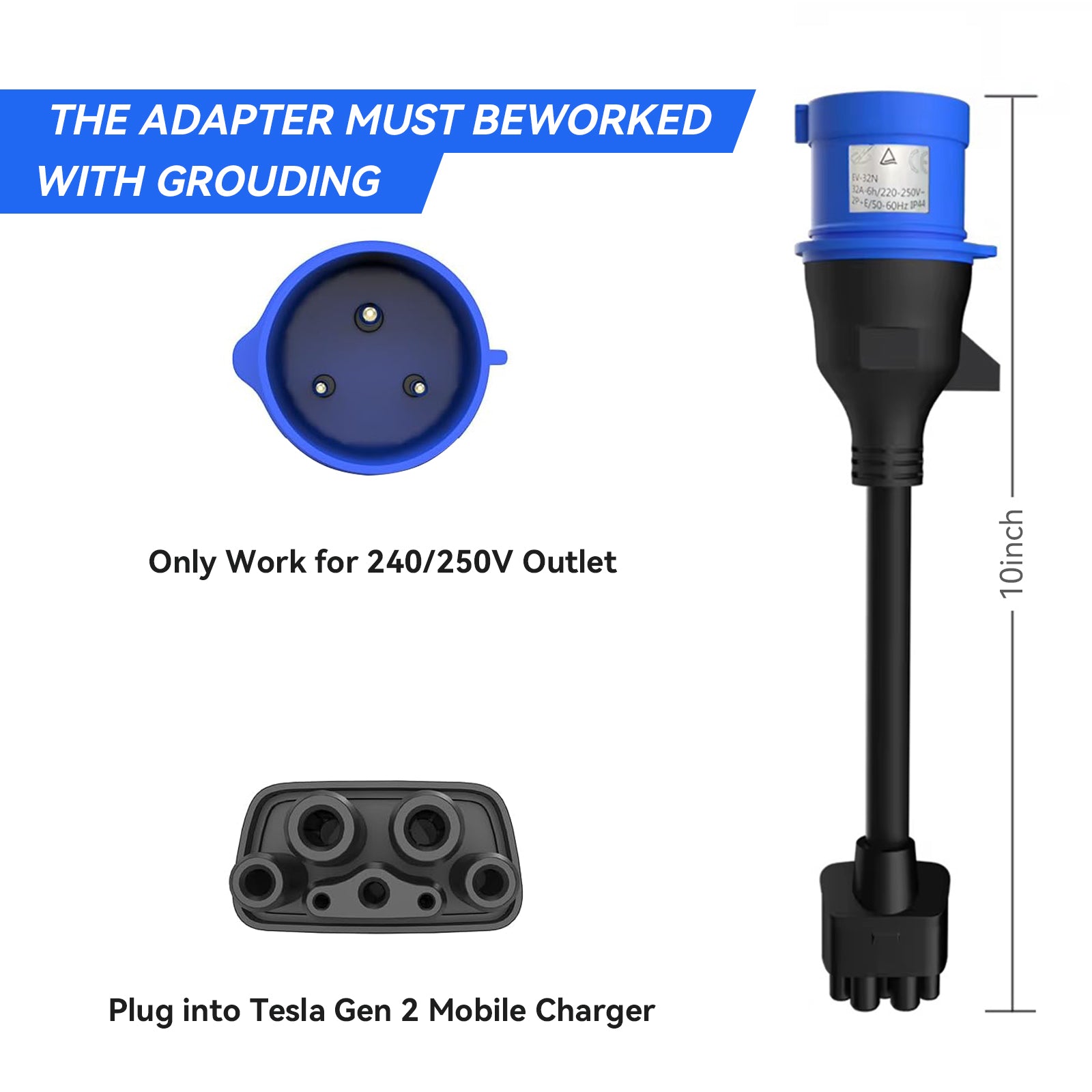 3-stifts blå CEE-adapter för Tesla Gen 2 mobilladdare, bärbar EV-laddare förlängningskabel till 240V-uttag vid 32A, kompatibel med Tesla Model 3/S/X/Y