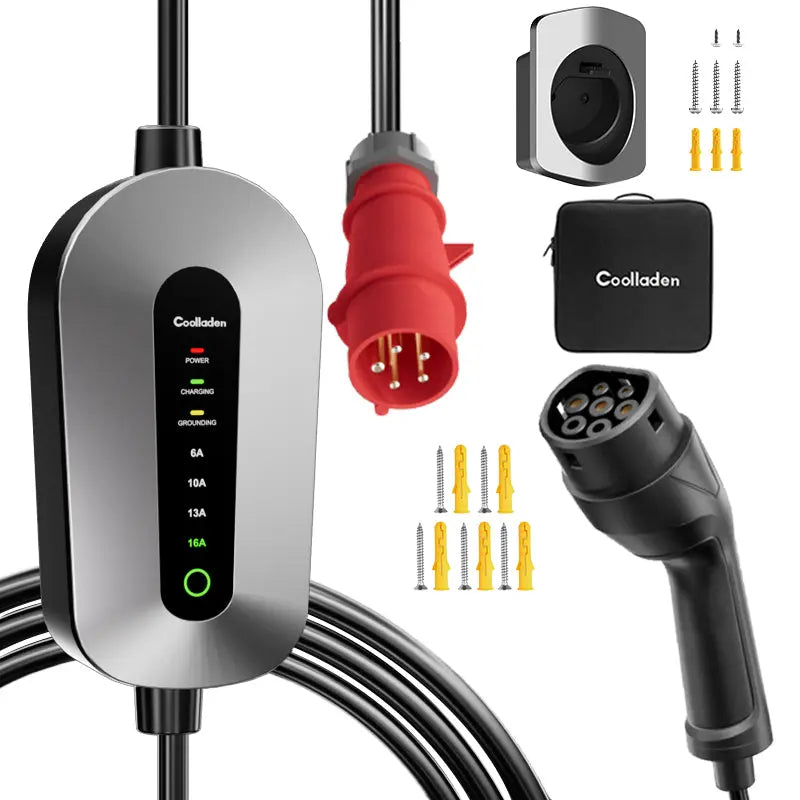 Coolladen Mobil Väggbox 11kW laddningskabel typ 2 CEE-kontakt [3-phase|4m/6m/11m|6-16A] med justerbar laddningseffekt, laddningsstation och elbilsladdare för ID.3/4/5, e-up, e-tron, Zoe och andra elbilar