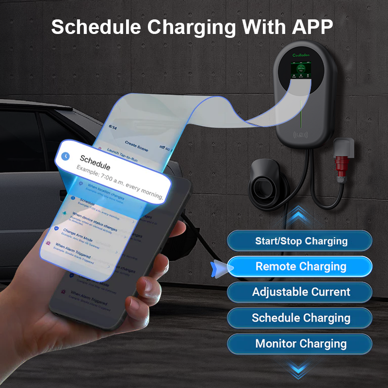 Coolladen EV laddare Smart APP med 32A Typ 2 11kW Home Laddningsstation, Väggbox 5/10m laddkabel med laddare hållare App Control CEE 3-fas plugg för alla EV och PHEV