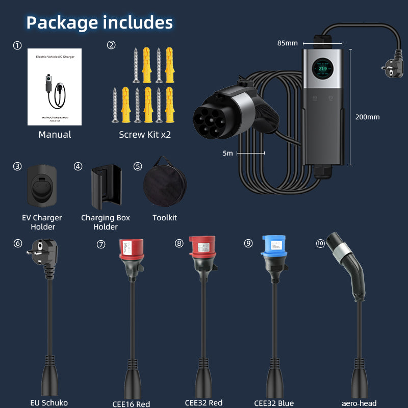 Coolladen Mobile Wallbox WiFi med APP, laddning upp till 22kW, EV-laddare typ 2, 5M kabel, pekskärm, justerbar strömstorlek med Schuko 16A/CEE 32A röd/CEE 16A röd/CEE 32A blå/Typ 2-uttag