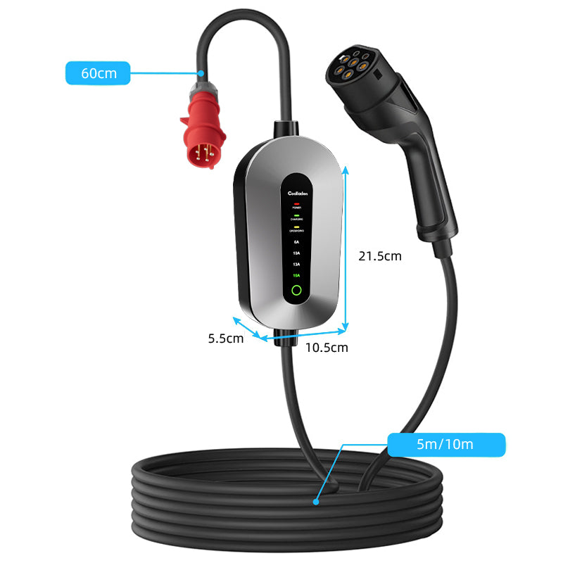 Coolladen laddkabel typ 2 CEE-kontakt 11 kW [3-fas|5/10m|6-16A] med justerbar laddeffekt, laddstation och EV-laddare för ID.3/4/5, e-up, e-tron, Zoe och annan EV