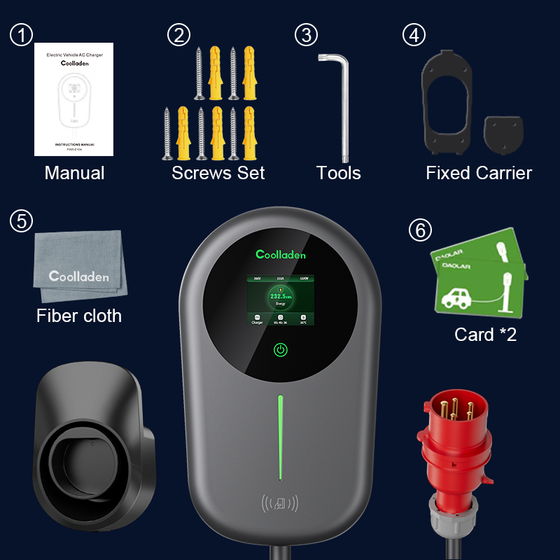 Coolladen EV laddare Smart APP med 32A Typ 2 22kW Home Laddningstation, Väggbox 5/10m laddkabel med laddare hållare App Control CEE 3-fas plugg för alla EV och PHEV