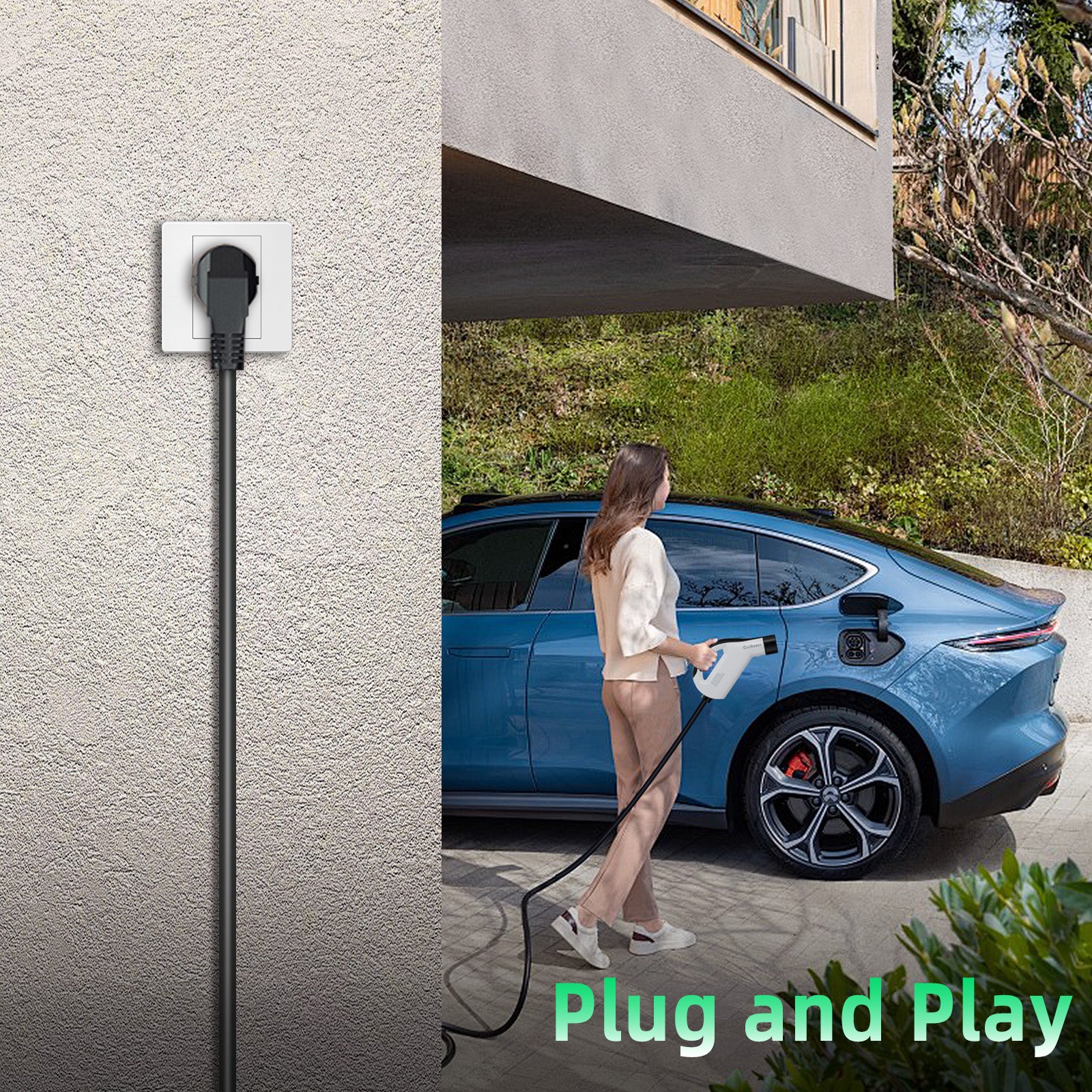 Bärbar elbilsladdare typ 2, 3,5 kW 16 A laddningskabel, CEE-kontakt, smart app-kontroll, justerbar ström, vattentät, 3 m/5 m/10 m sladd – kompatibel med alla elbilar Model Y / 3 / S/X, ID.4, ID.5, i4