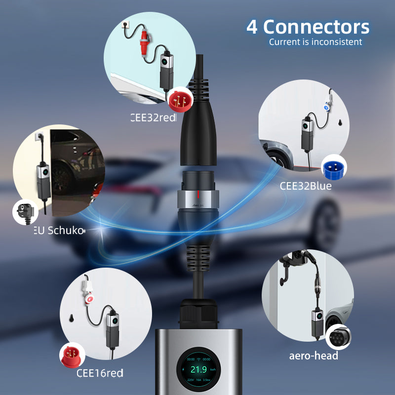 Coolladen Mobile Wallbox WiFi med APP, laddning upp till 22kW, EV-laddare typ 2, 5M kabel, pekskärm, justerbar strömstorlek med Schuko 16A/CEE 32A röd/CEE 16A röd/CEE 32A blå/Typ 2-uttag