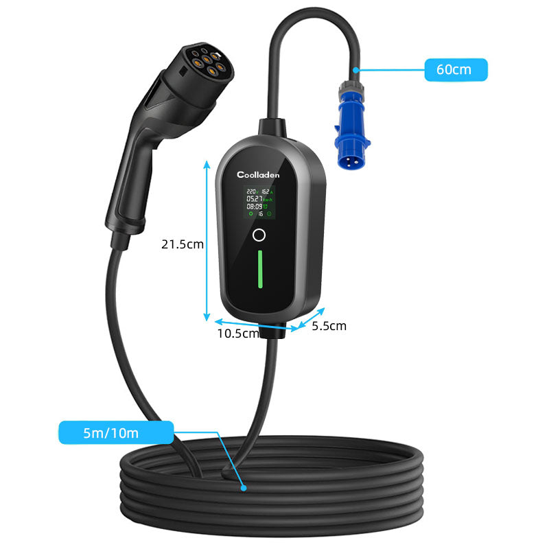 Colladen 7KW Bärbar EV laddare 1 fas 32A typ 2 elektrisk laddare, 8H schemaladdning, 4 nivåer Justerbar Nuvarande laddningsstation med CEE-kontakt.