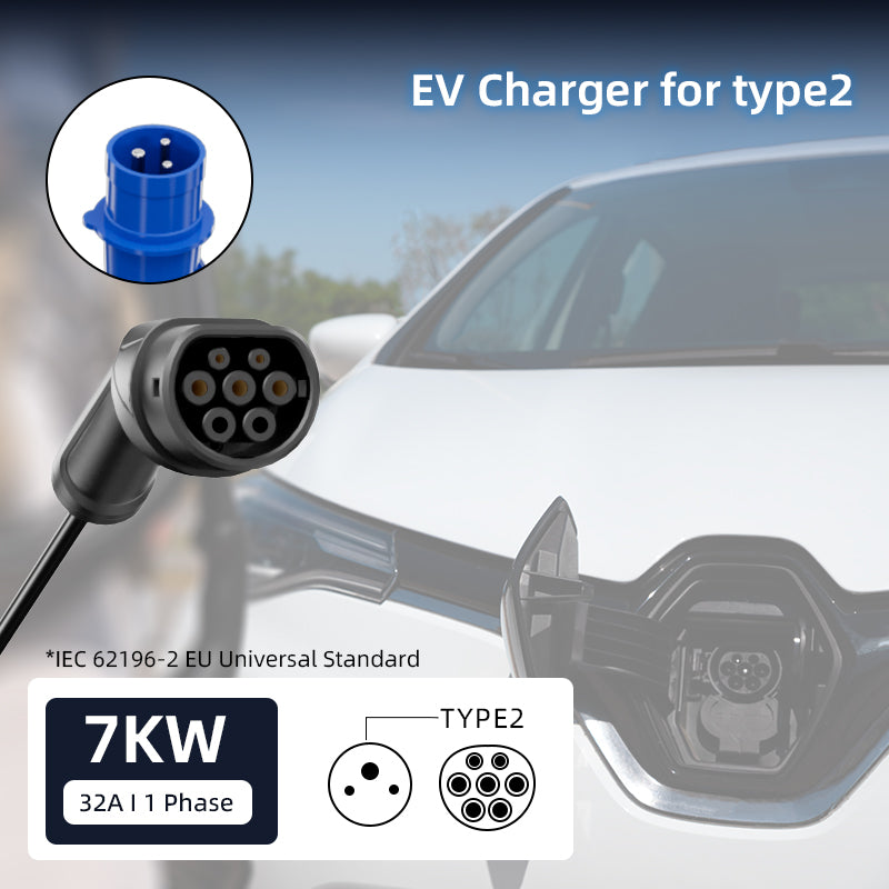 Colladen 7KW Bärbar EV laddare 1 fas 32A typ 2 elektrisk laddare, 8H schemaladdning, 4 nivåer Justerbar Nuvarande laddningsstation med CEE-kontakt.