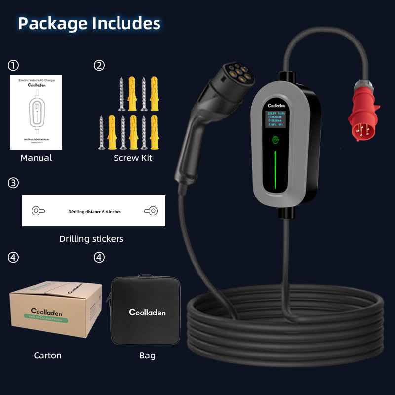 Coolladen laddkabel Typ 2 CEE Plug 11 KW [3-Phase5/10m Sig6-16A] Med justerbar laddkraft, Laddningsstation och EV-laddare för ID. E-Up, E-Tron, Zoe och andra EV