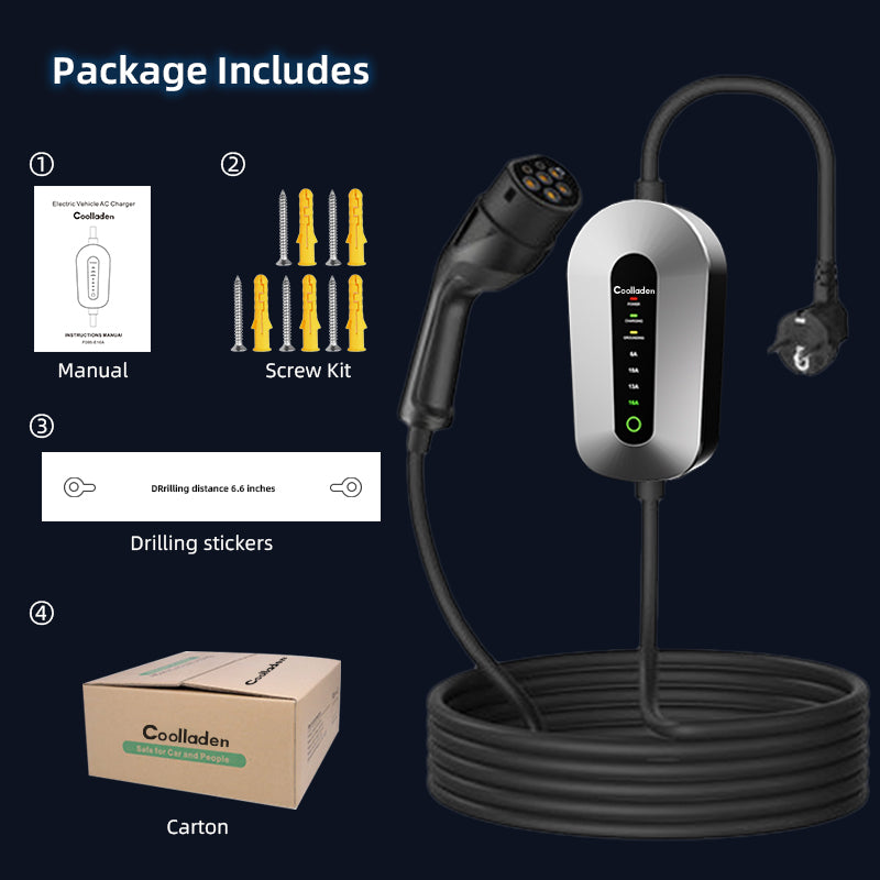 Coolladen Mobil Väggbox Typ 2 laddningskabel Schuko 3.5kW [1-phase, 4-11m, 6-16A], med 2-polig Schuko-kontakt, bärbar elbilsladdare för elfordon och PHEV:er