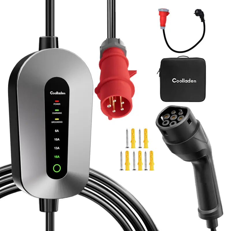 Coolladen Mobil Väggbox 11kW laddningskabel typ 2 CEE-kontakt [3-phase|4m/6m/11m|6-16A] med justerbar laddningseffekt, laddningsstation och elbilsladdare för ID.3/4/5, e-up, e-tron, Zoe och andra elbilar