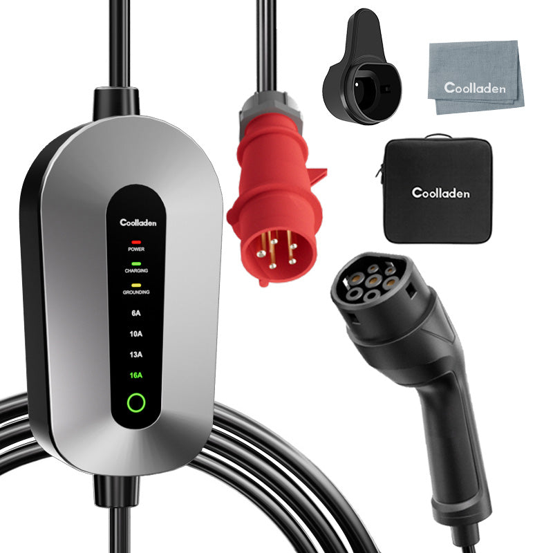 Coolladen Mobil Väggbox 11kW laddningskabel typ 2 CEE-kontakt [3-phase|4m/6m/11m|6-16A] med justerbar laddningseffekt, laddningsstation och elbilsladdare för ID.3/4/5, e-up, e-tron, Zoe och andra elbilar