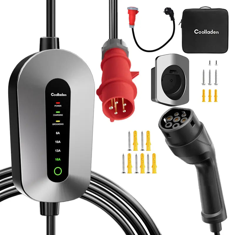 Coolladen Mobil Väggbox 11kW laddningskabel typ 2 CEE-kontakt [3-phase|4m/6m/11m|6-16A] med justerbar laddningseffekt, laddningsstation och elbilsladdare för ID.3/4/5, e-up, e-tron, Zoe och andra elbilar